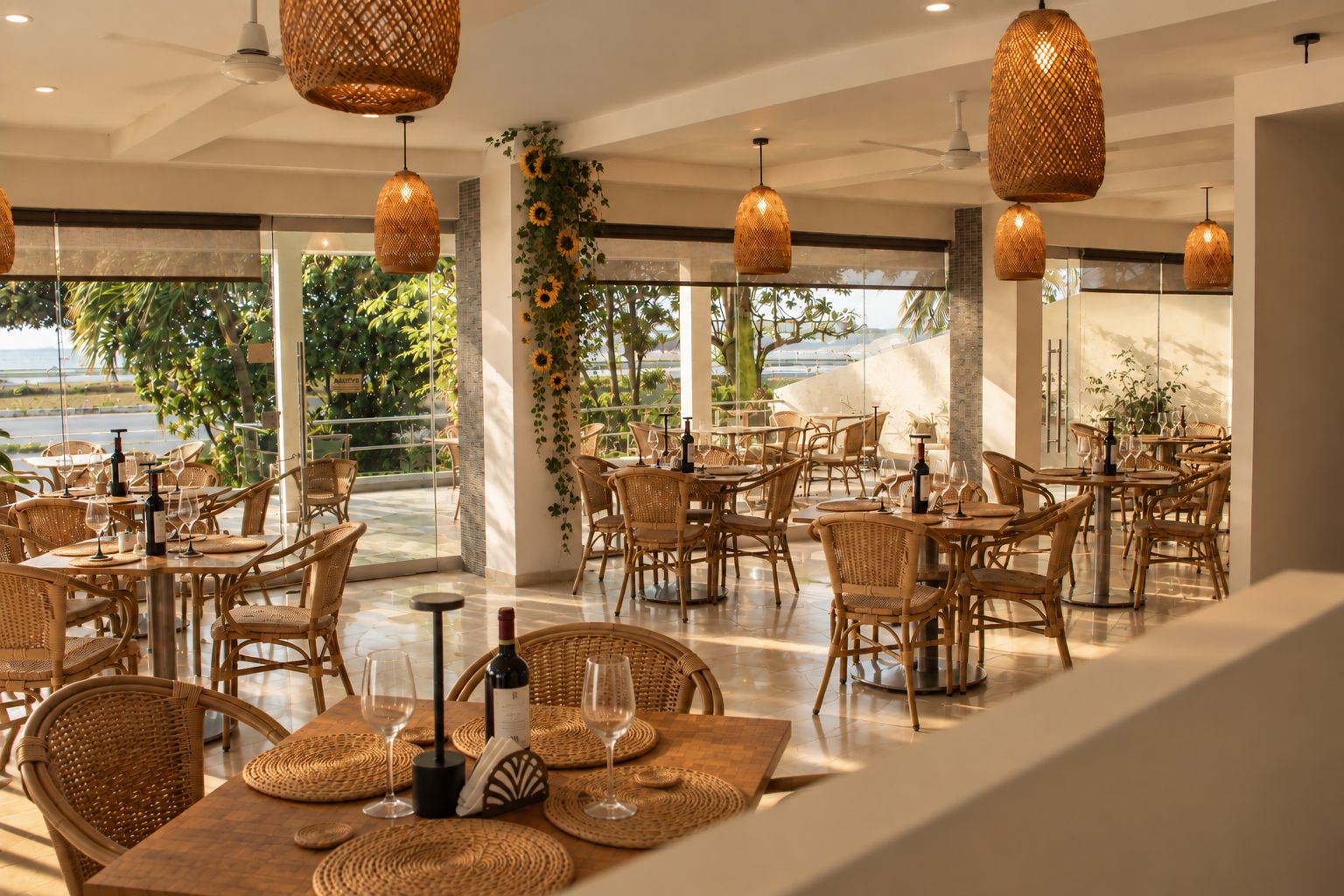 An indoor dining area with wicker furniture, hanging wicker lamps, and a view of greenery outside.