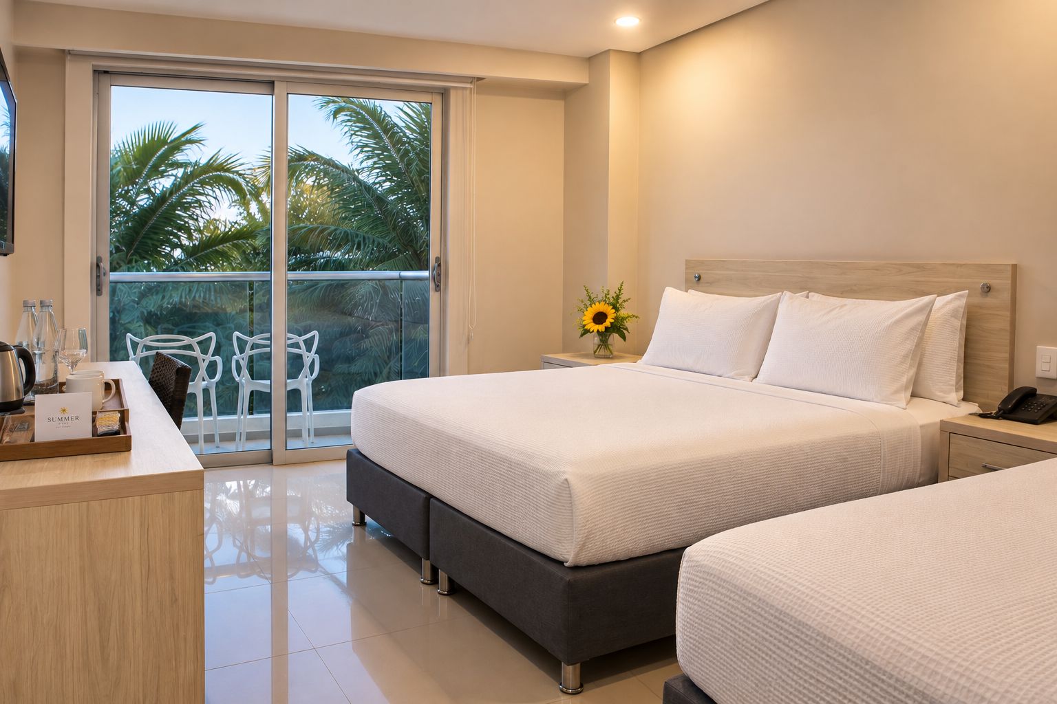 A hotel room with a bed, a desk, a chair, and a balcony with a view of palm trees.