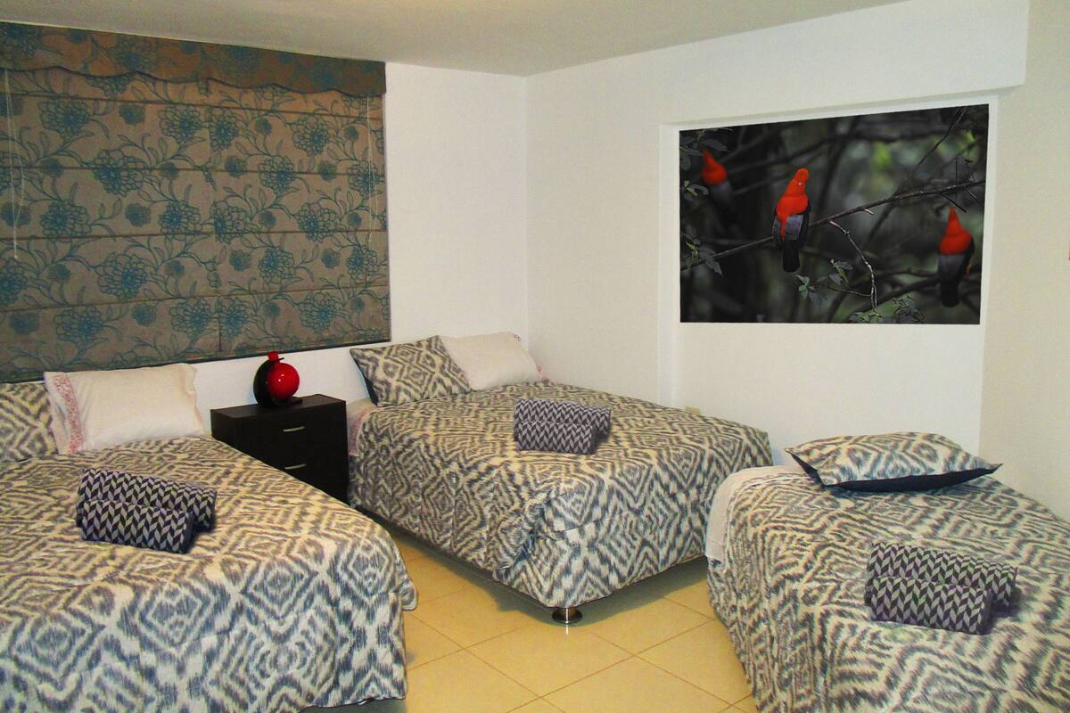 Une chambre avec deux lits, une table de chevet, un vase rouge, une literie à motifs et un tableau représentant des oiseaux accroché au mur.