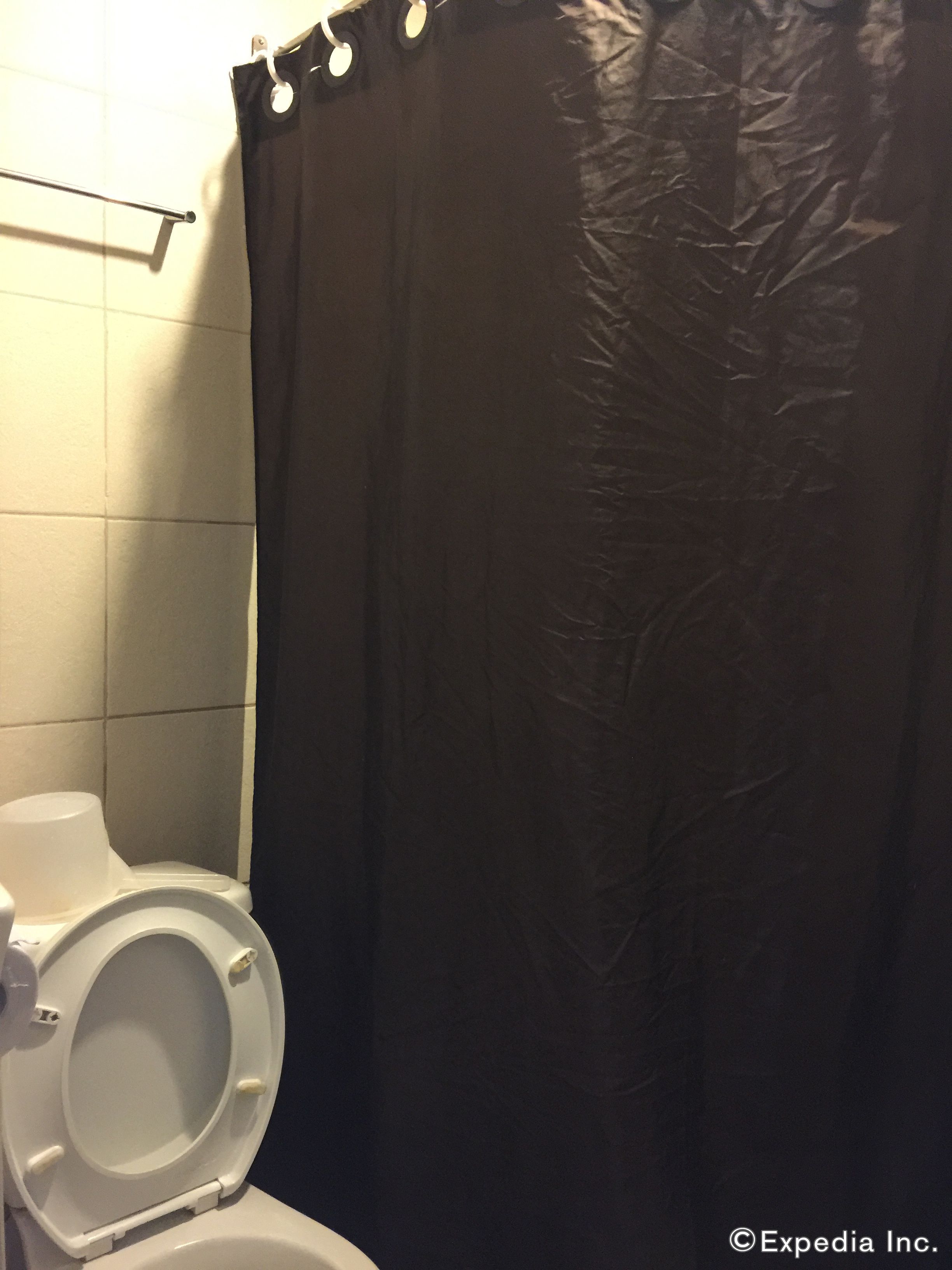 A bathroom with a toilet, a shower curtain, and a towel rack.