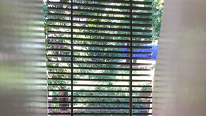 Una escalera con piso a rayas que conduce a una habitación con vistas a través de una ventana con persianas horizontales.