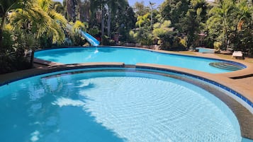 A clear blue swimming pool with a curved edge, surrounded by lush greenery and palm trees.