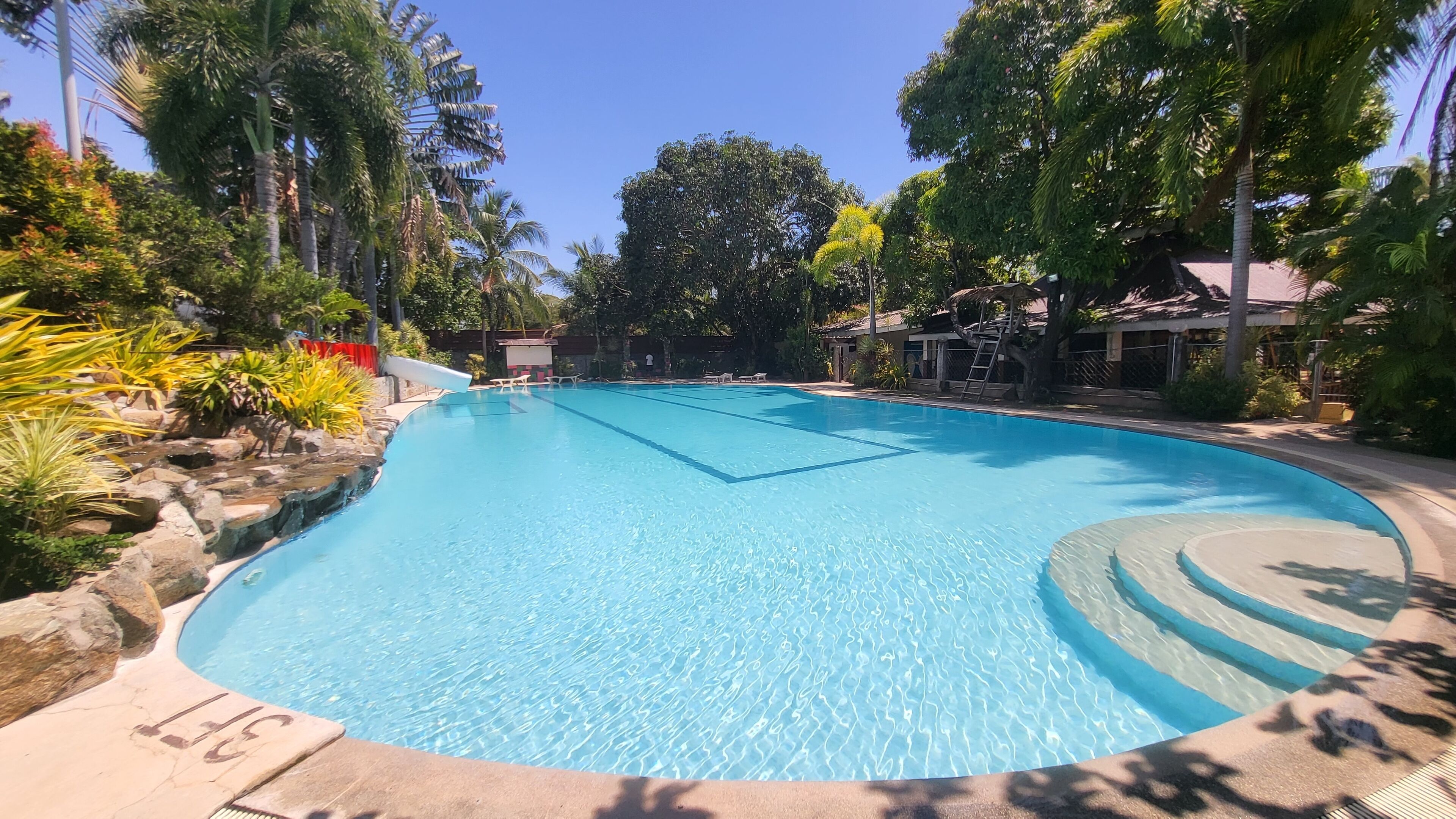 Une piscine d’un bleu éclatant, entourée d’une végétation tropicale et bordée d’une terrasse en pierre.