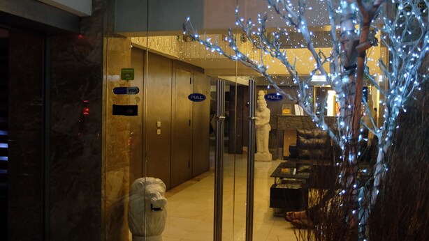 Een receptiehal met een receptiebalie, een standbeeld en een decoratieve boom met verlichting.