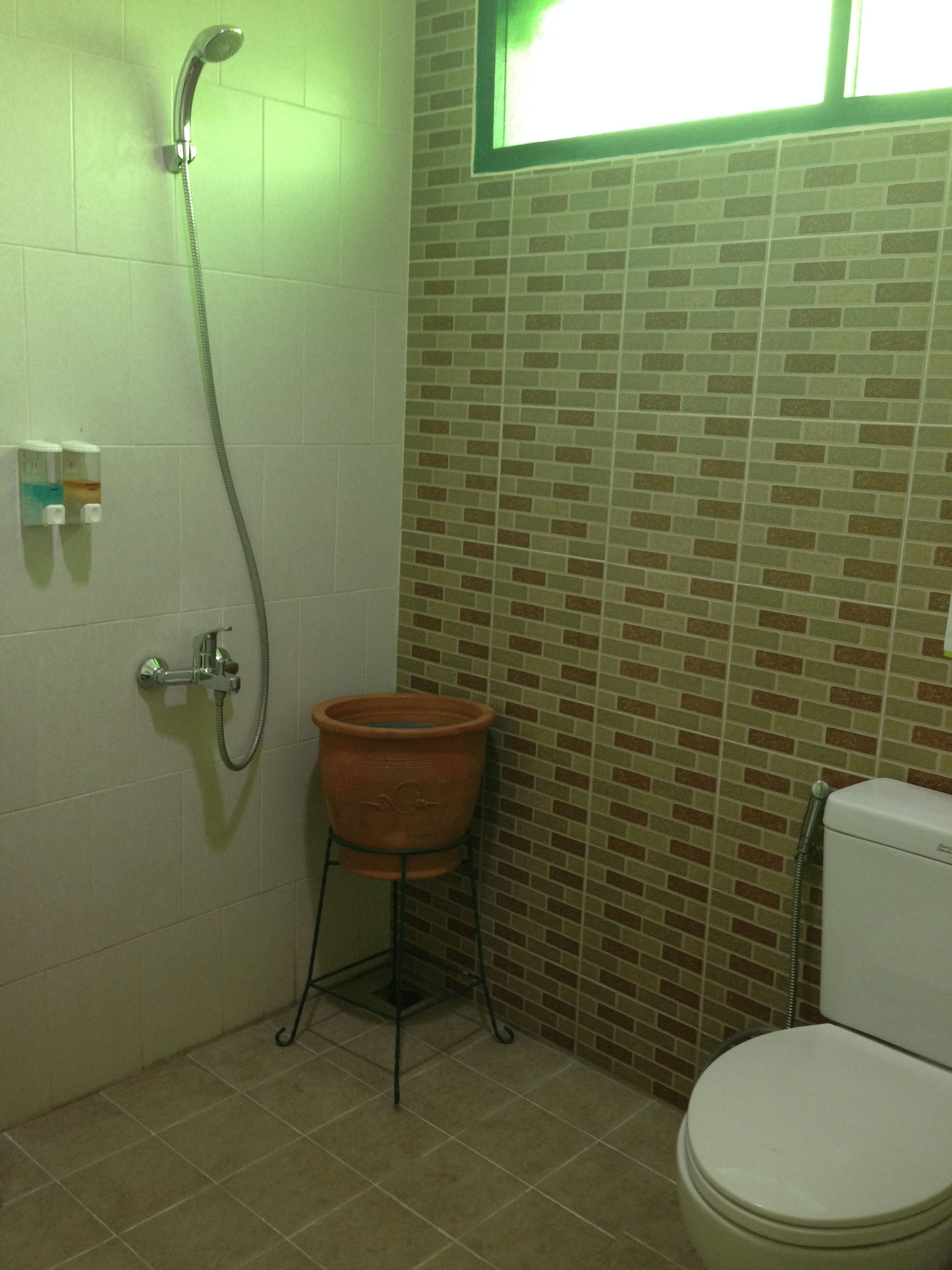 Een badkamer met een douche, toilet en een klein terracotta wastafel op een metalen standaard.