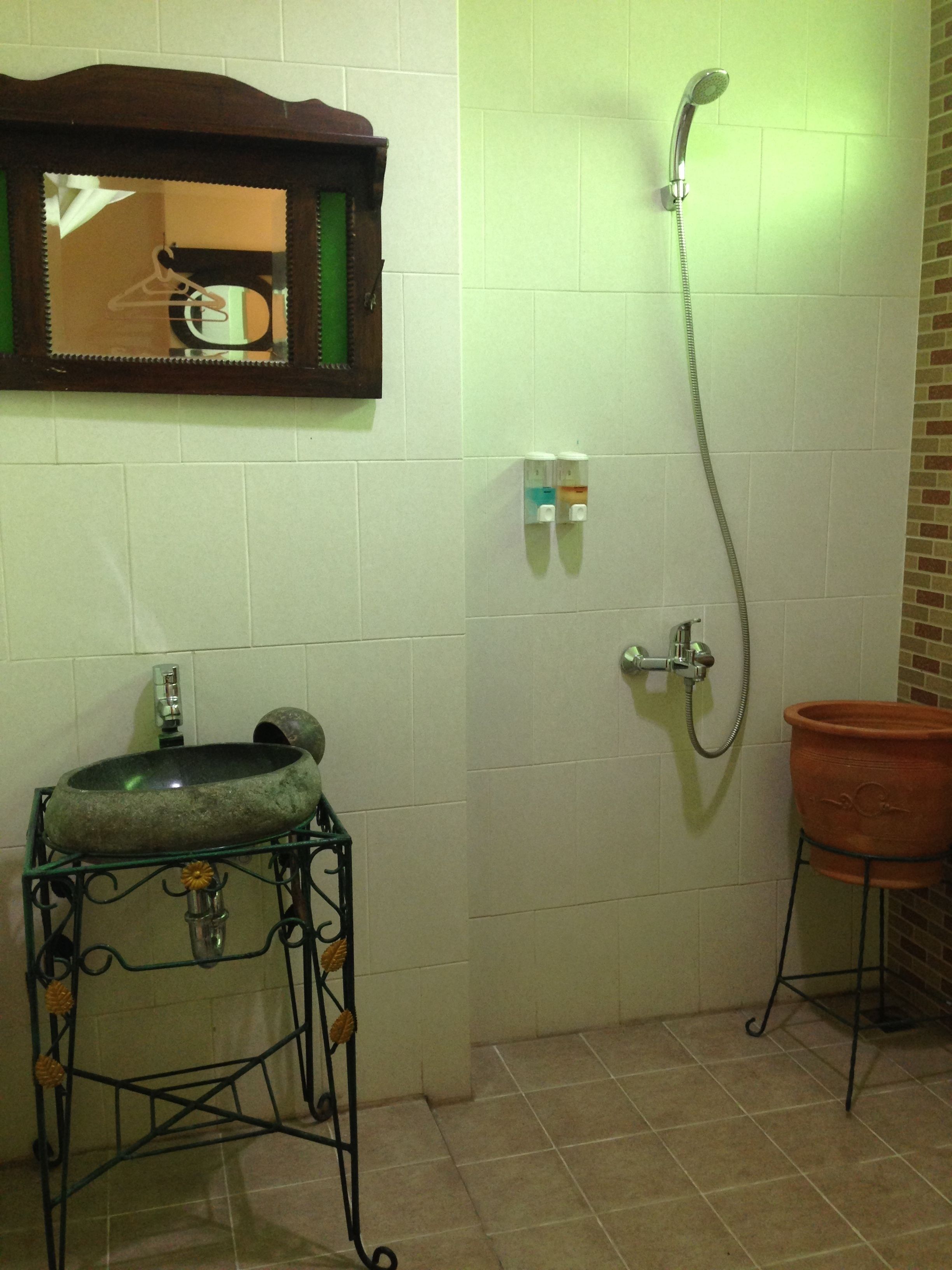 Un baño con un lavabo de piedra, un espejo, ducha y una pequeña maceta de terracota.
