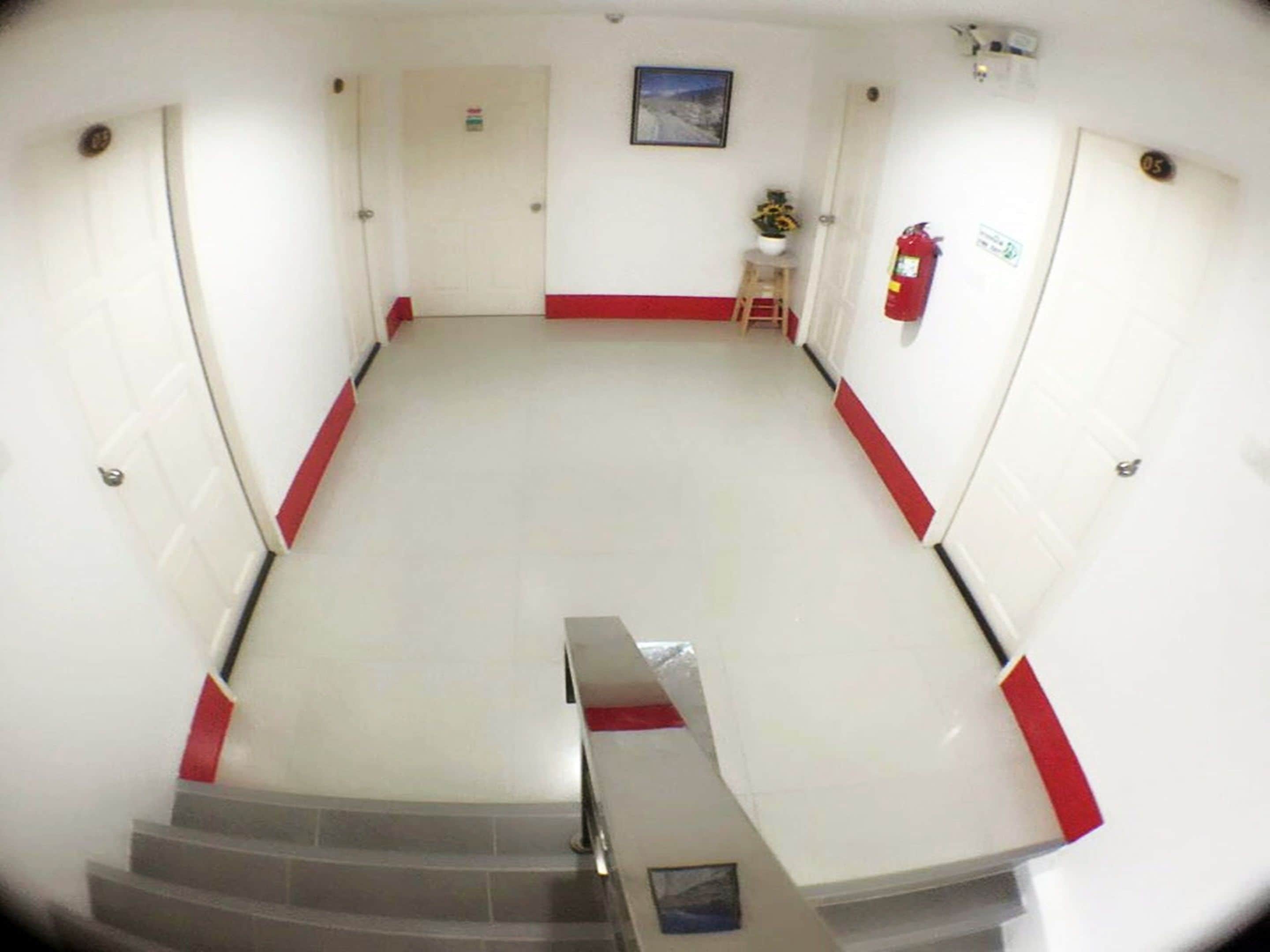 A hallway with white walls and red trim, a fire extinguisher on the right, and a small stool with a plant.