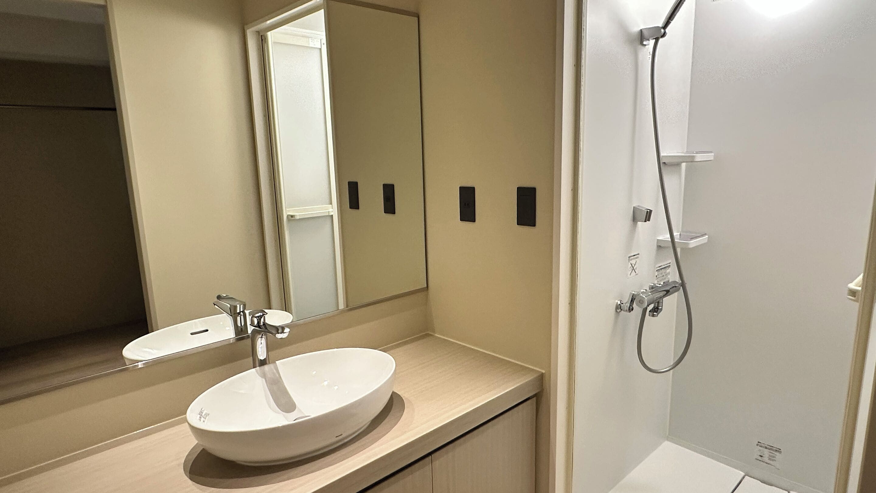 A bathroom with a white sink, a mirror, and a shower.