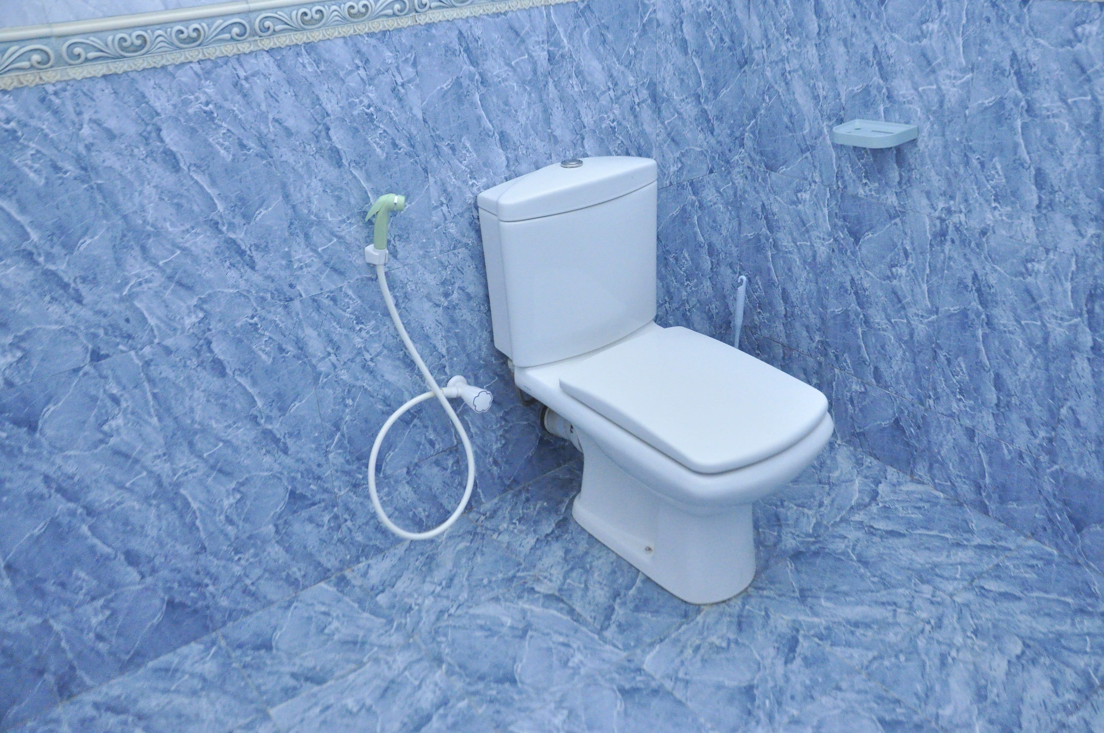 A toilet with a bidet attachment in a bathroom with blue marble walls.
