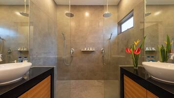 Separate tub and shower, free toiletries, hair dryer, towels