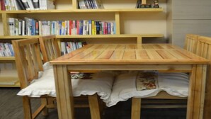 Een houten tafel met stoelen, een boekenkast vol boeken en een wit kussen op de vloer.