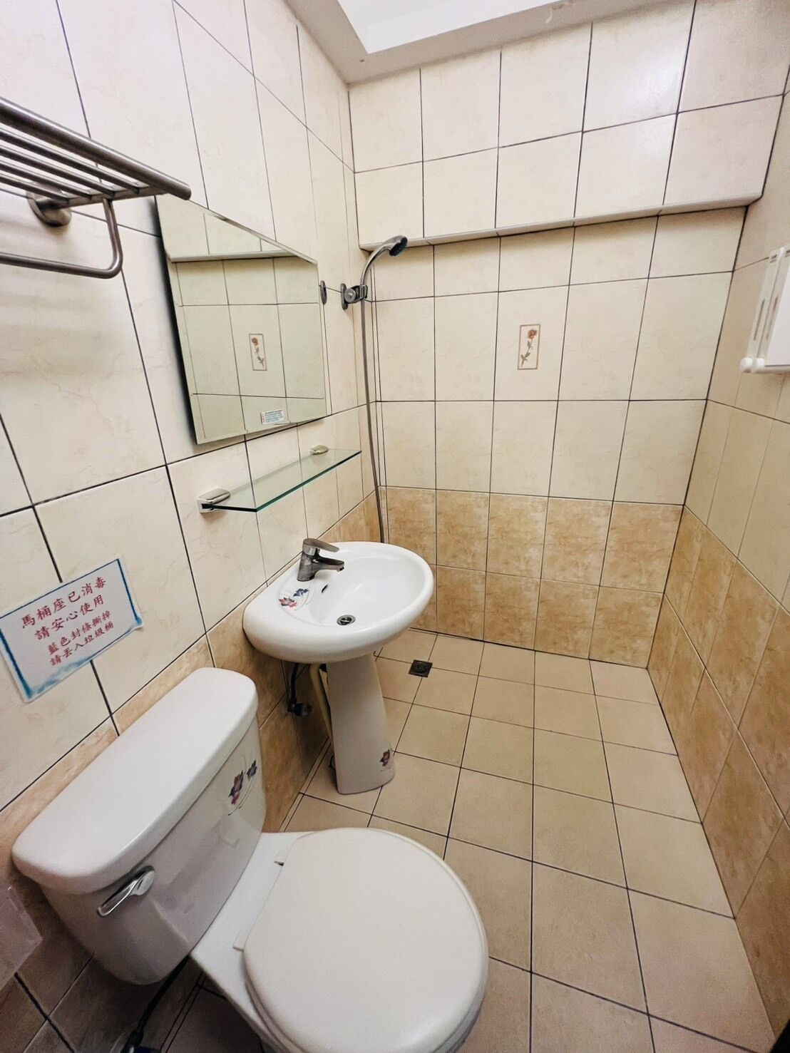 A small bathroom with a toilet, sink, and shower area.