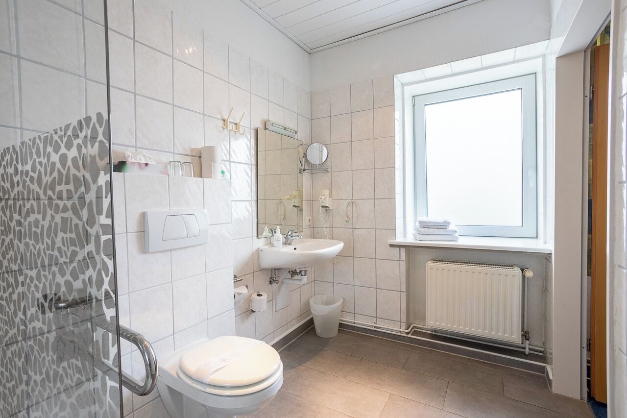 Kylpyhuoneessa on suihku, wc, pesuallas ja ikkuna, josta tulee luonnonvaloa.