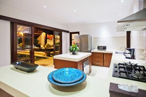 Großer Kühlschrank, Mikrowelle, Herdplatte