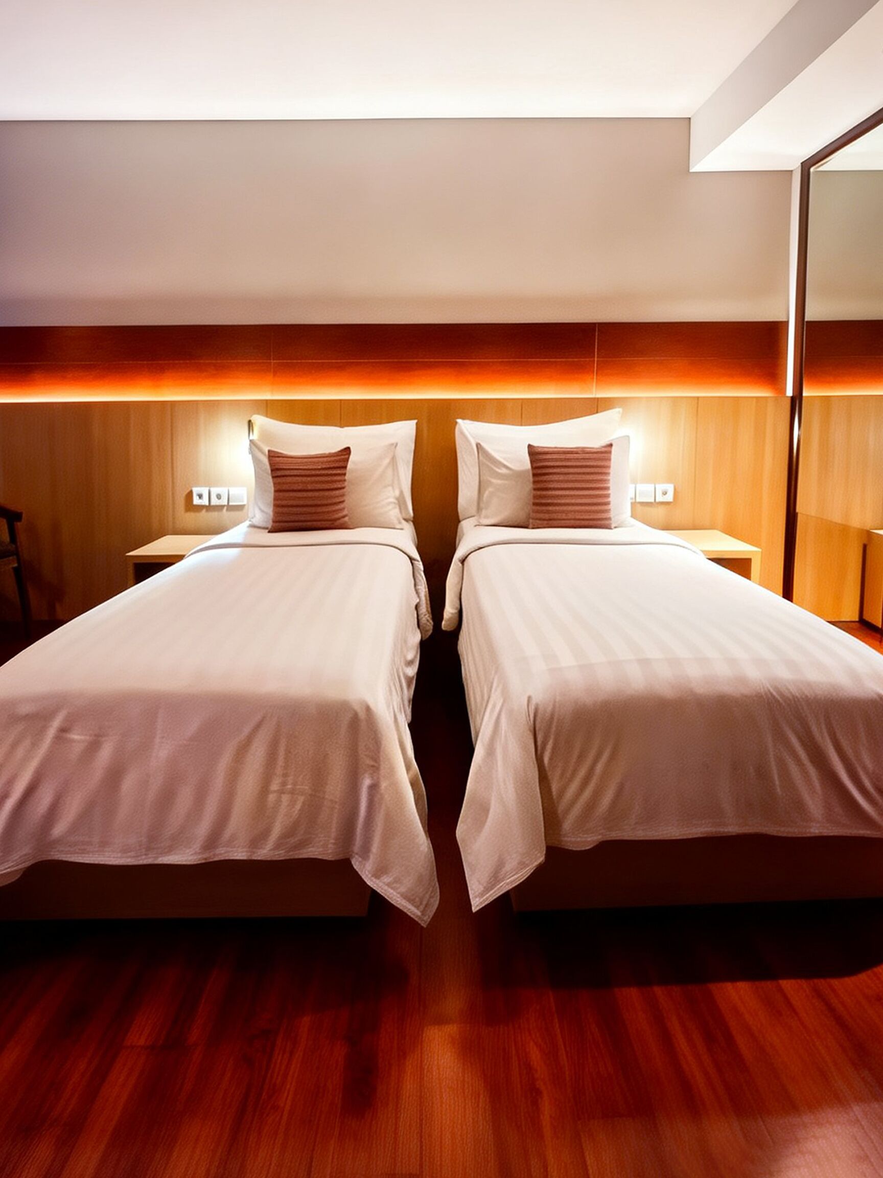 A hotel room with two beds, wooden paneling, and a nightstand with a lamp.
