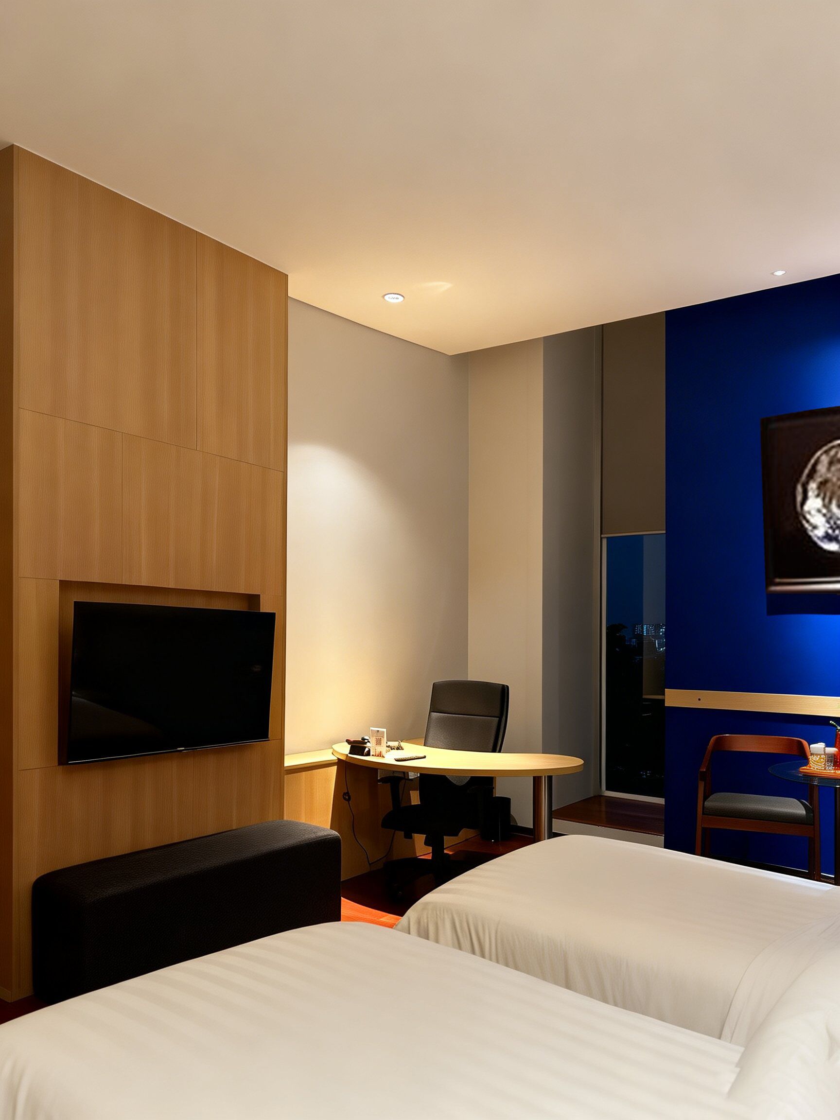 A hotel room with two beds, a desk with a chair, a flat-screen TV mounted on the wall, and a large window.