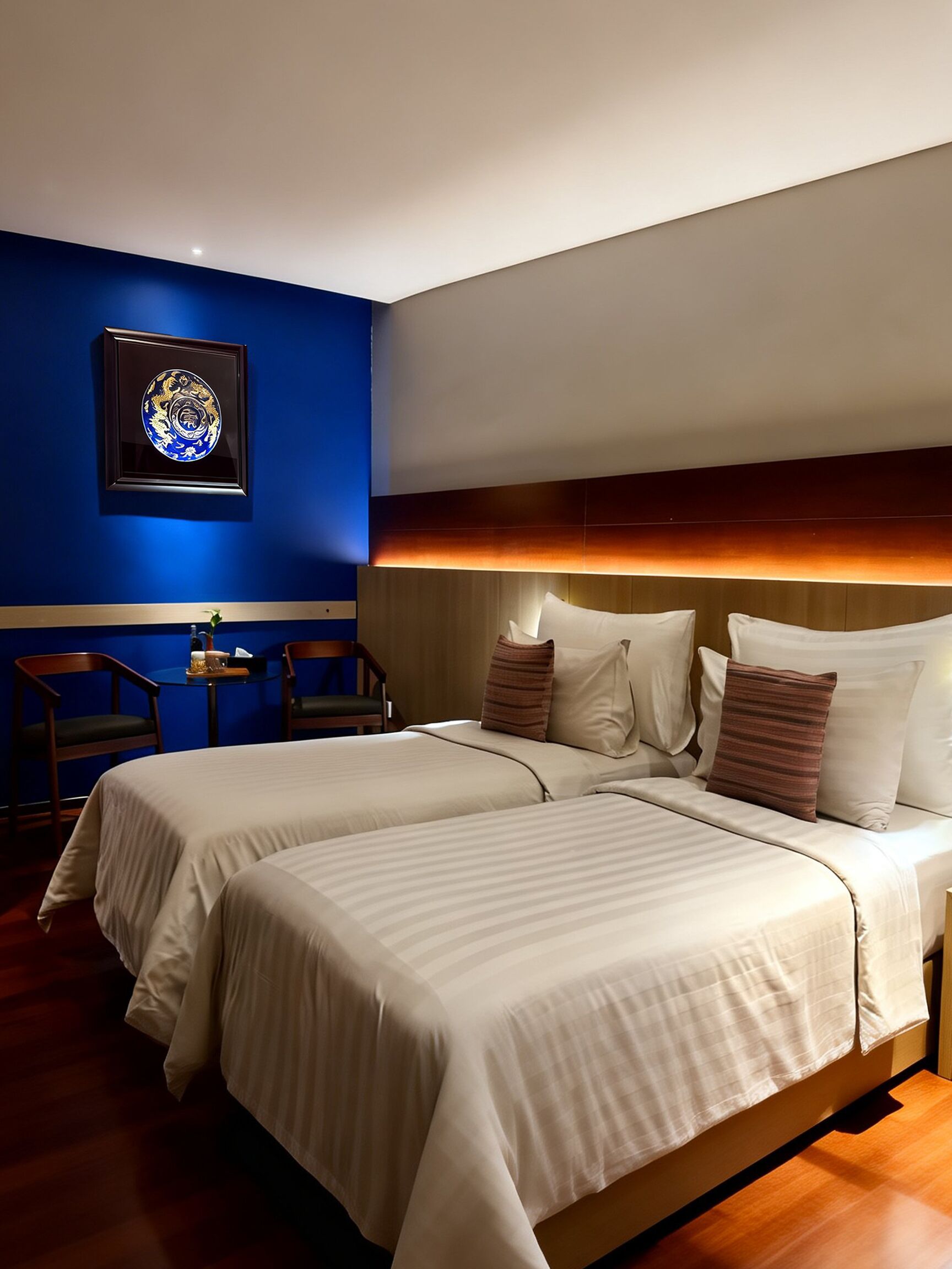 Una habitación de hotel con cama, mesitas de noche, escritorio, sillas y una obra de arte enmarcada en la pared.