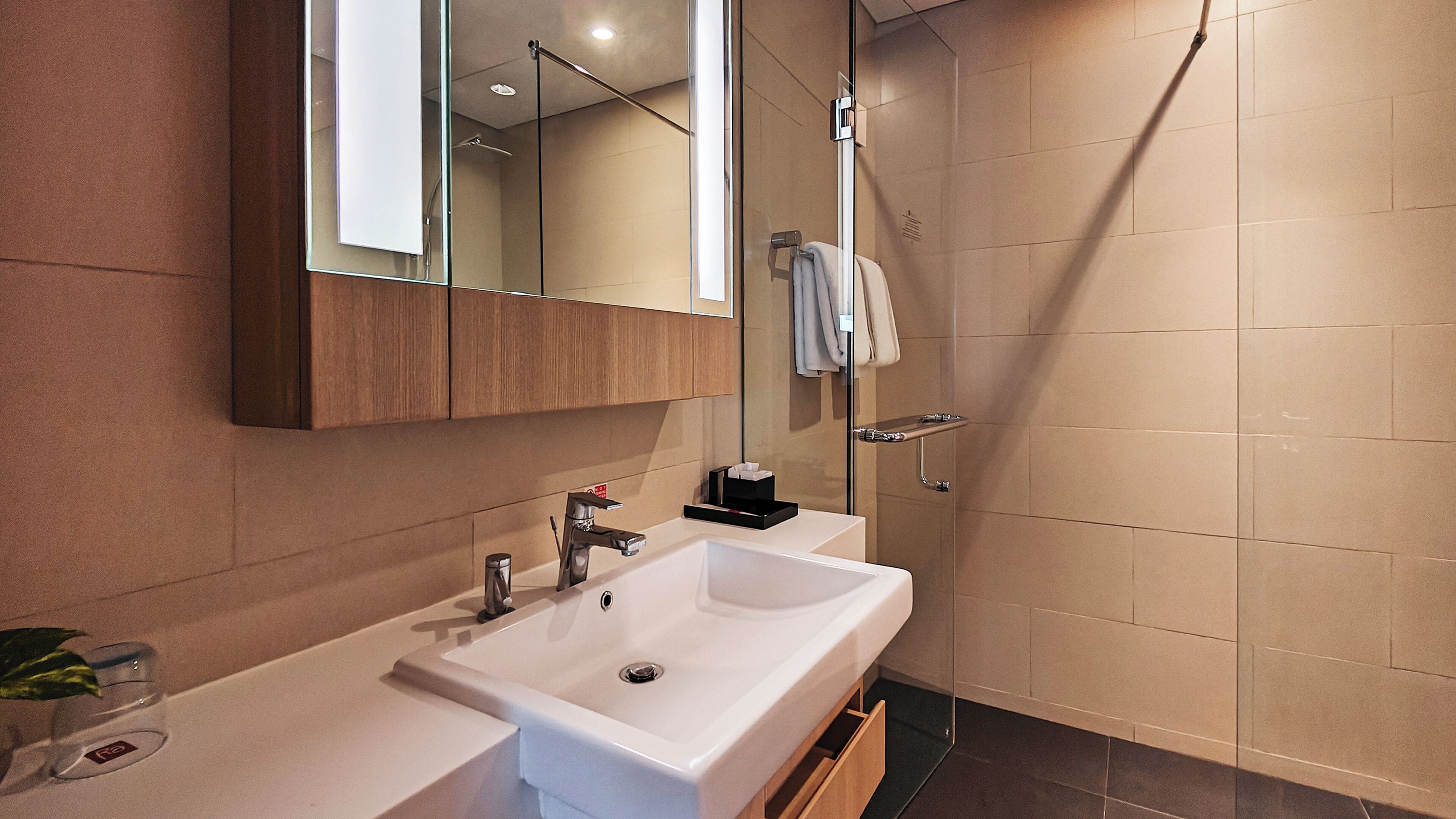 A modern bathroom with a large white sink, a mirror, and a glass-enclosed shower.