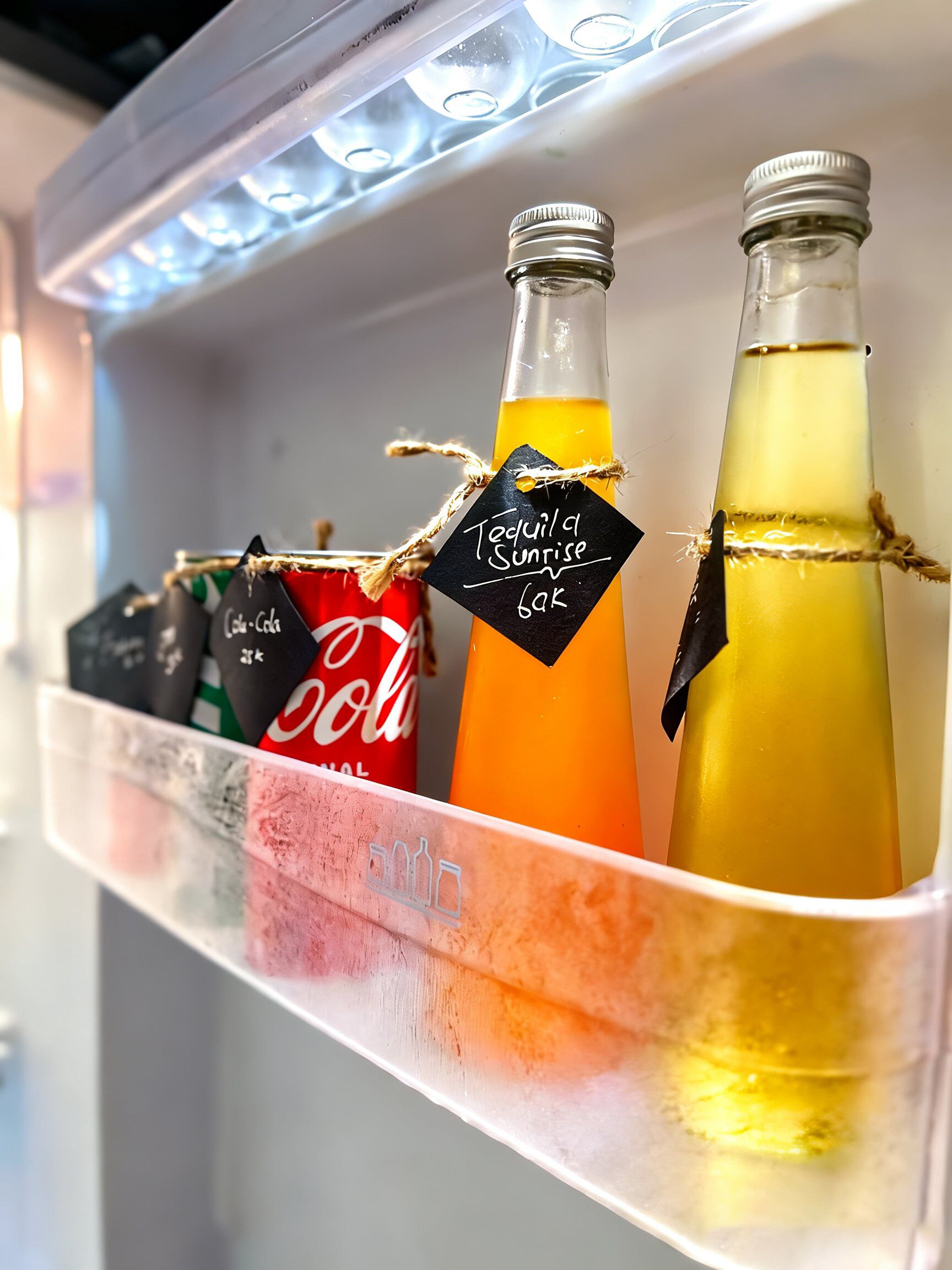 A refrigerator shelf with bottles of beverages and a Coca-Cola can.
