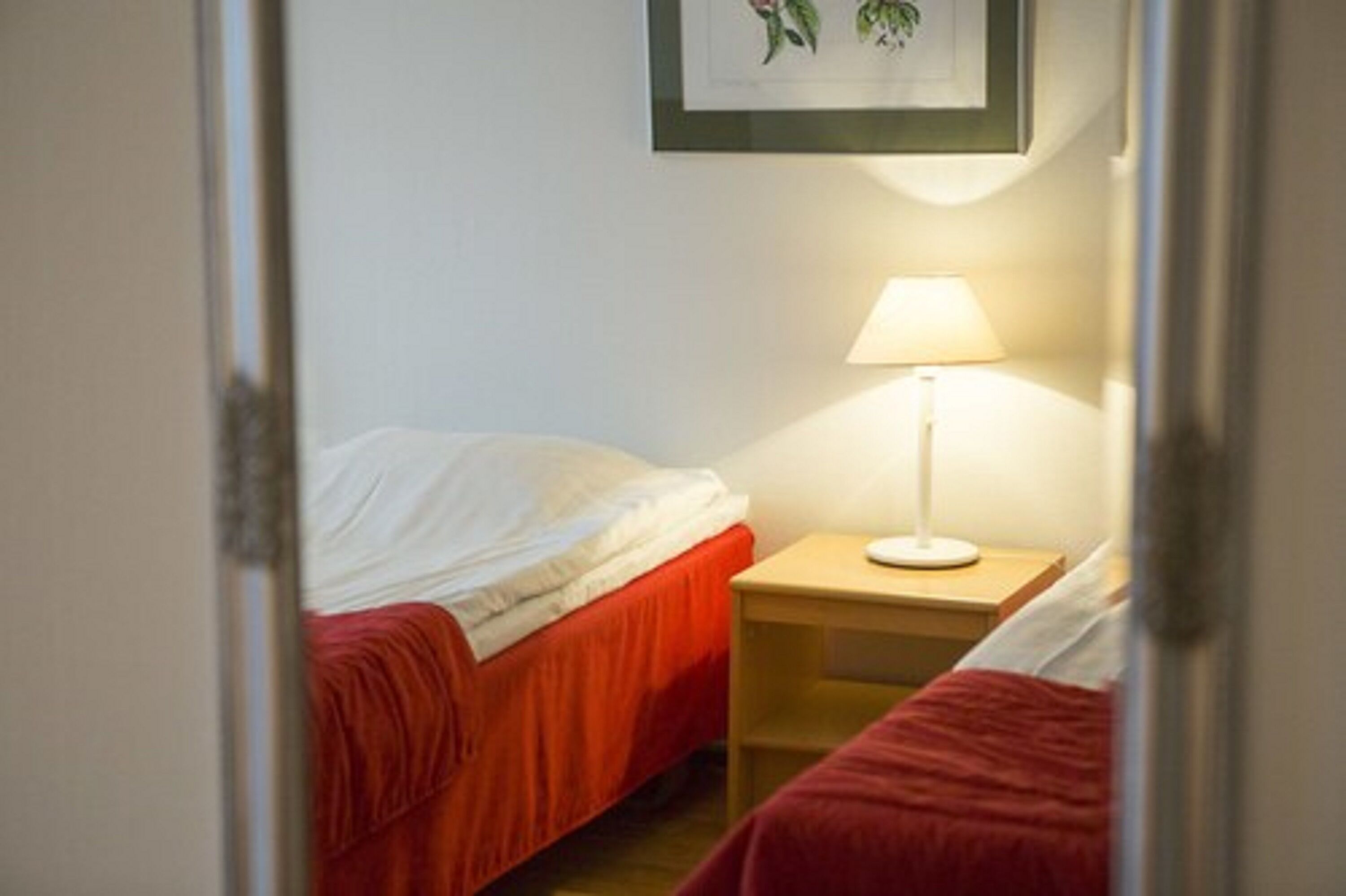 A small, single-bed room with a red bedspread, a bedside table with a lamp, and a framed botanical print on the wall.