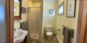Bathroom features a shower enclosure, sink, and toilet.