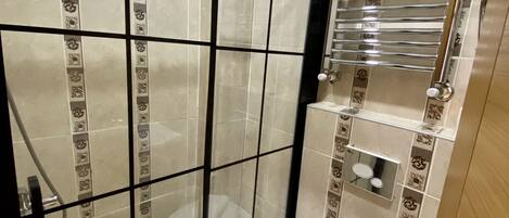 A bathroom with a glass-enclosed shower, a toilet, and a towel rack.