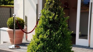 A well-maintained hedge in front of a building entrance, with a red rope barrier and a potted plant nearby. - Hotel Villa Will (Isernhagen)