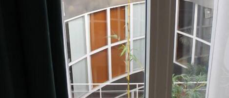 Vista a través de una ventana con una planta de bambú, un banco de madera y una baranda de metal.