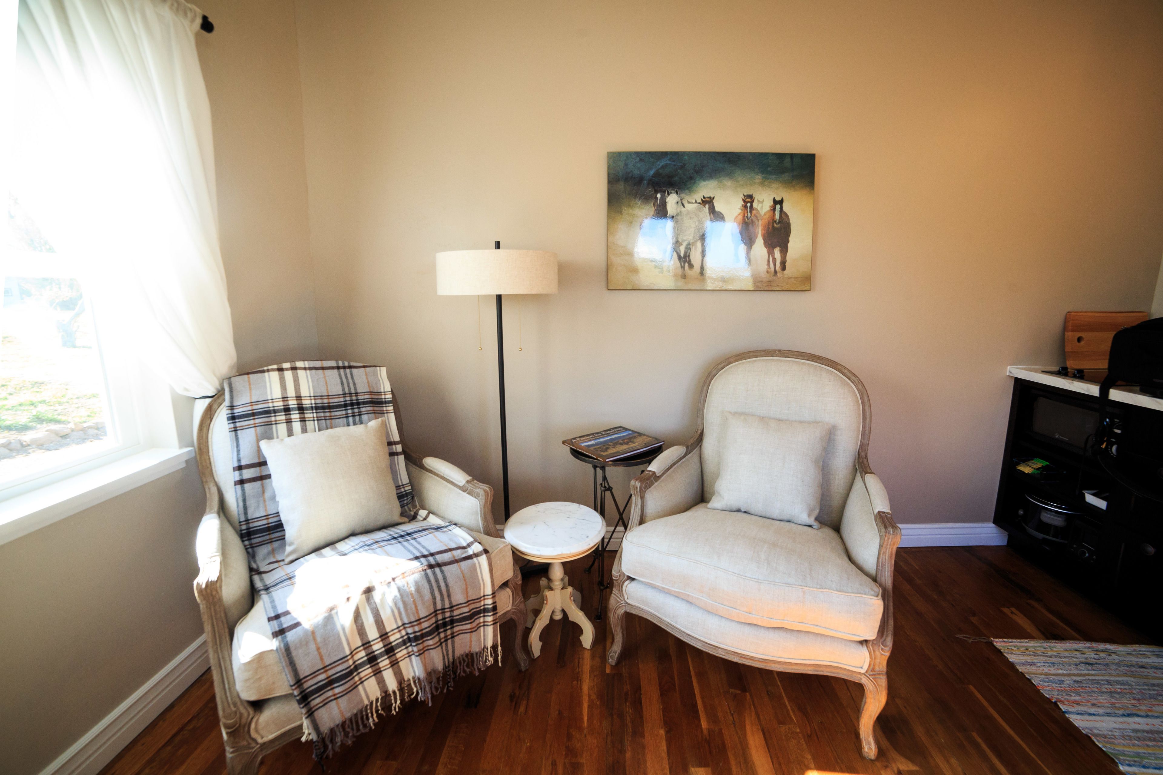 A living room with two armchairs, a floor lamp, a small table, and a painting on the wall.