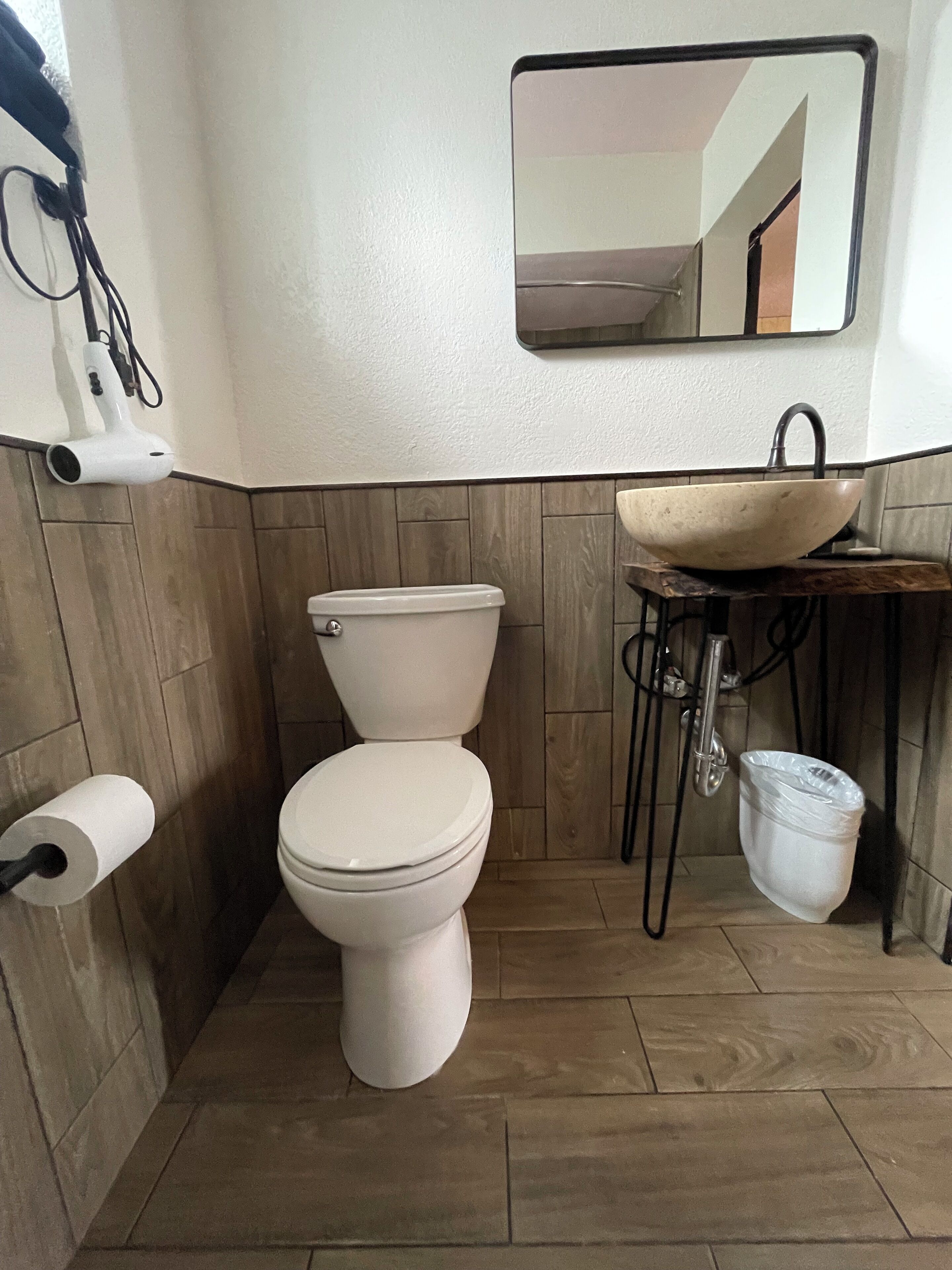 A bathroom with a toilet, a sink, and a mirror.