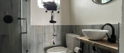 A modern bathroom with a glass shower enclosure, a toilet, a sink with a basin, and a mirror.