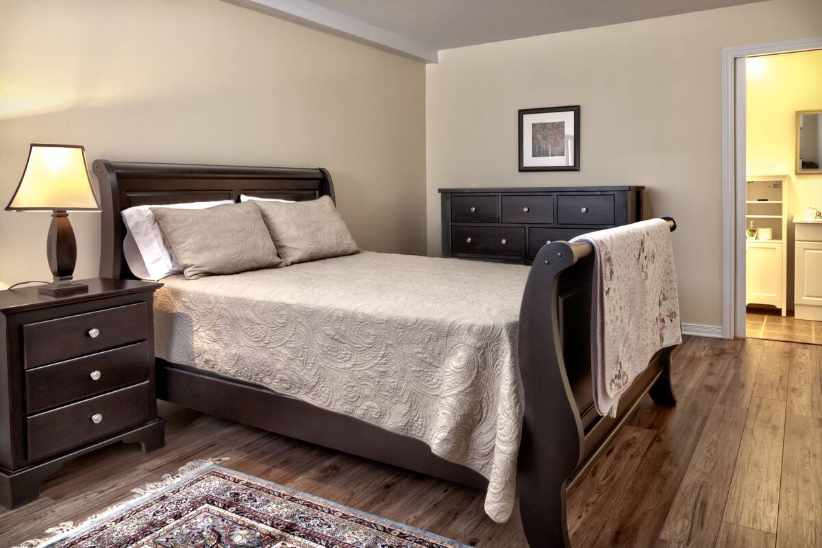 A bedroom with a bed, nightstand, dresser, and a rug.