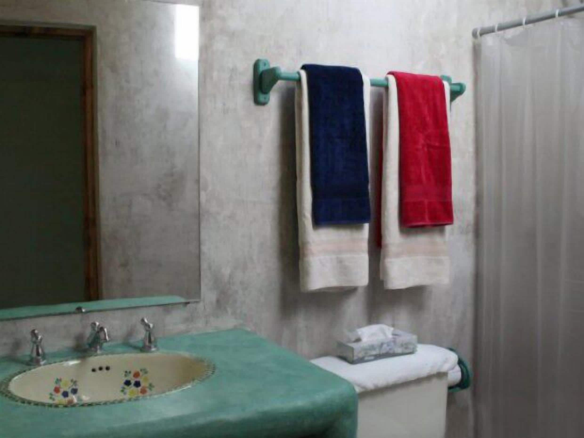 A bathroom with a green sink, a mirror, and two towels hanging on a towel rack.