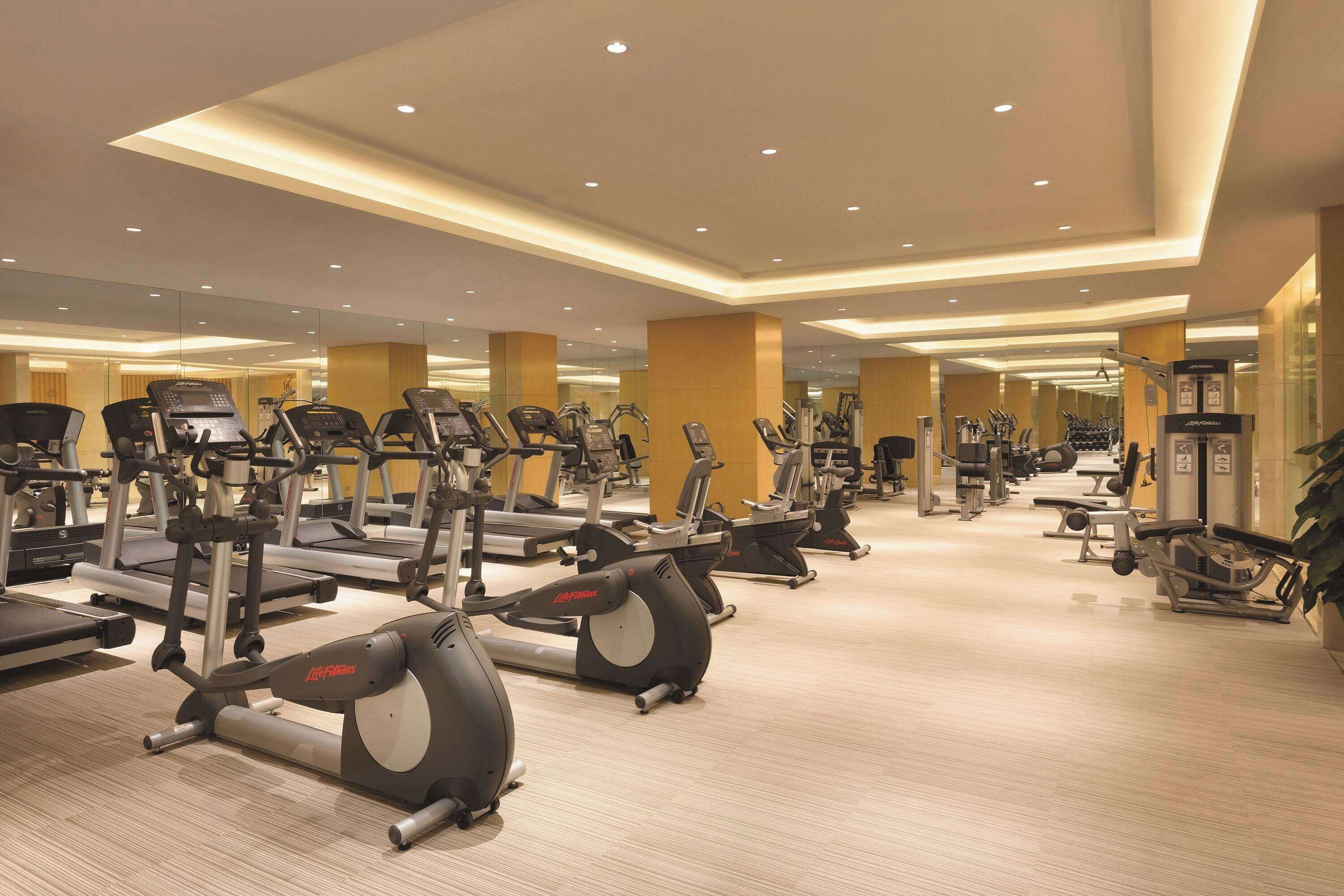 Een sportschool met meerdere loopbanden en fitnessapparaten.