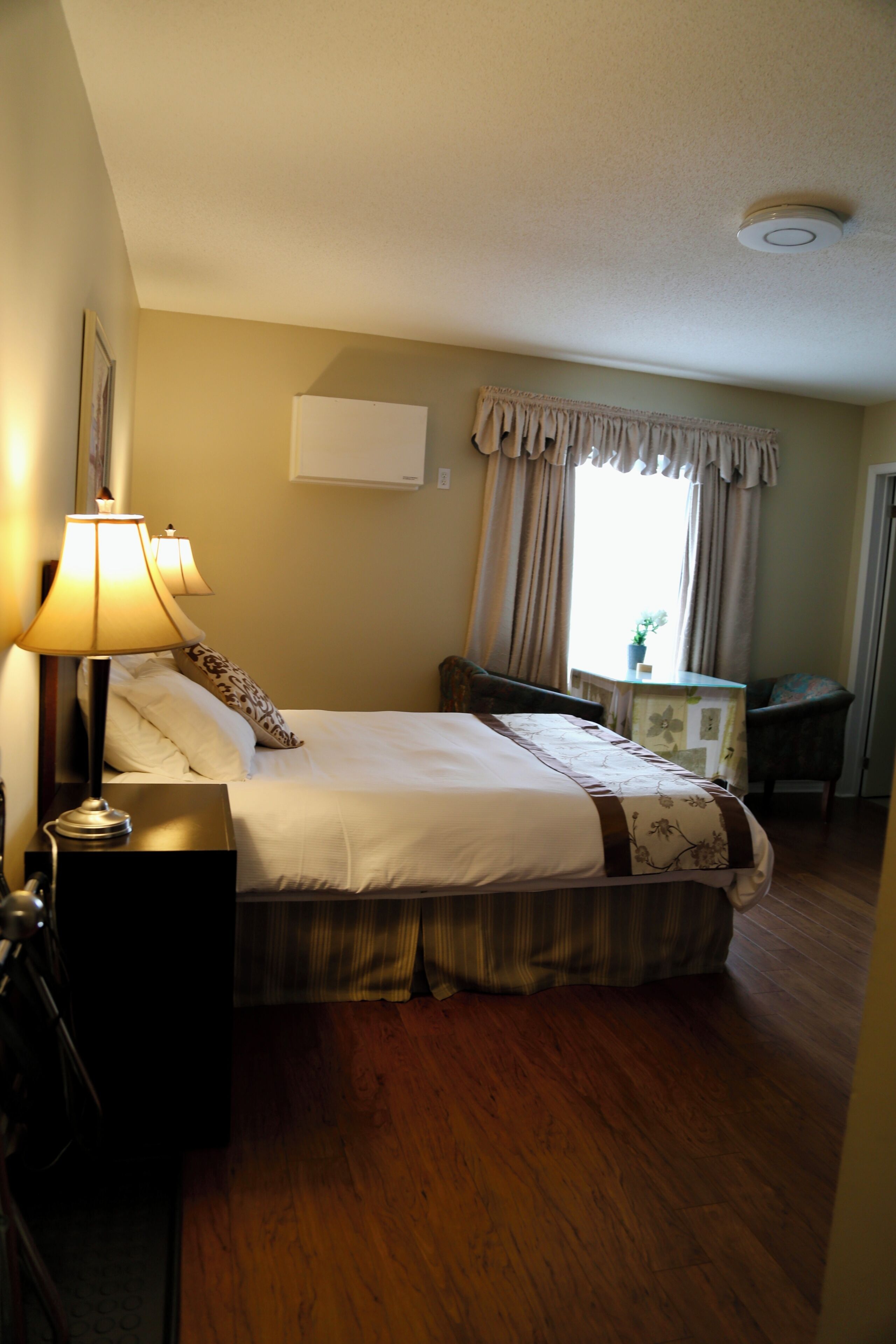 A hotel room with a bed, bedside lamp, curtains, a small table with a plant, and a chair.