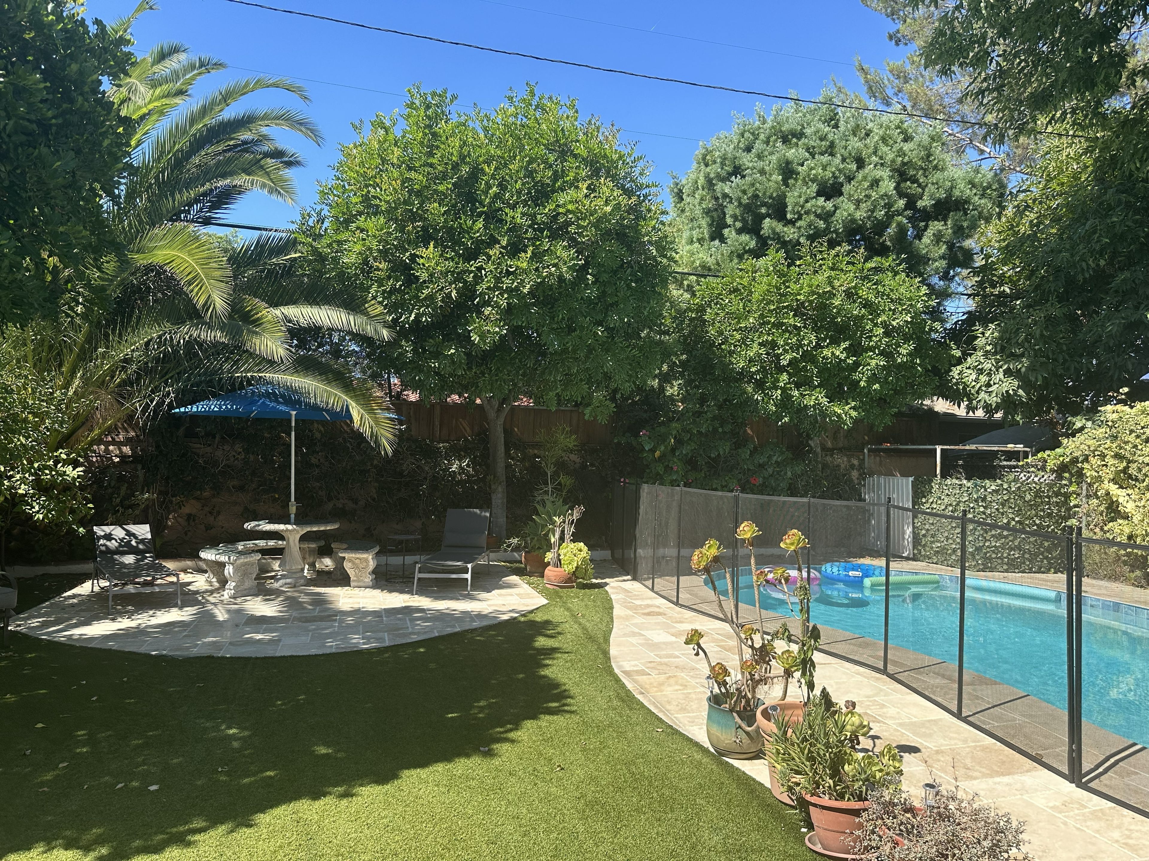 Ein Garten mit Schwimmbad, Kunstrasen und Topfpflanzen.