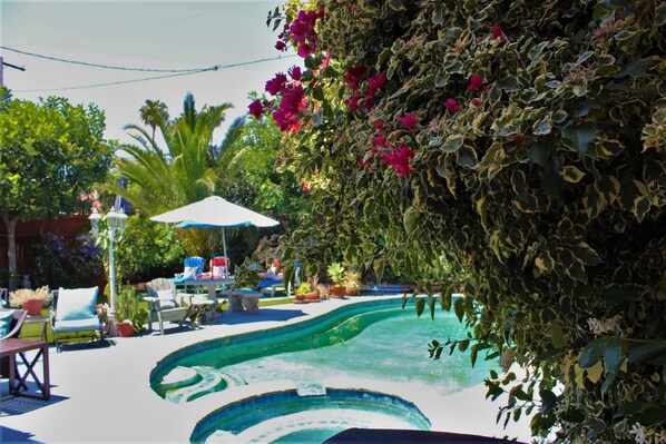 Piscine extérieure, parasols de plage, chaises longues