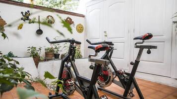 Two stationary bikes in a room with a white door, potted plants, and a tiled floor.