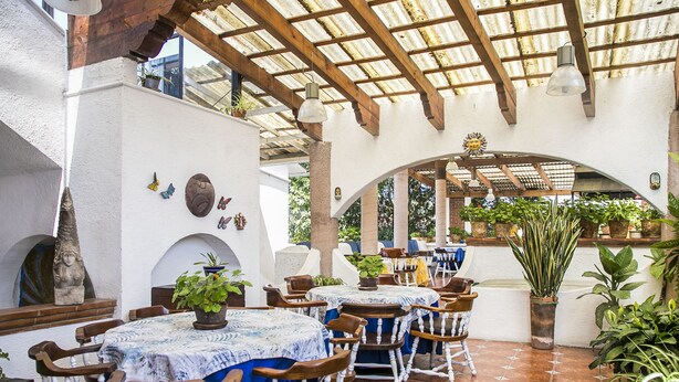 An outdoor patio with round tables and chairs, surrounded by potted plants and a rustic wooden ceiling.