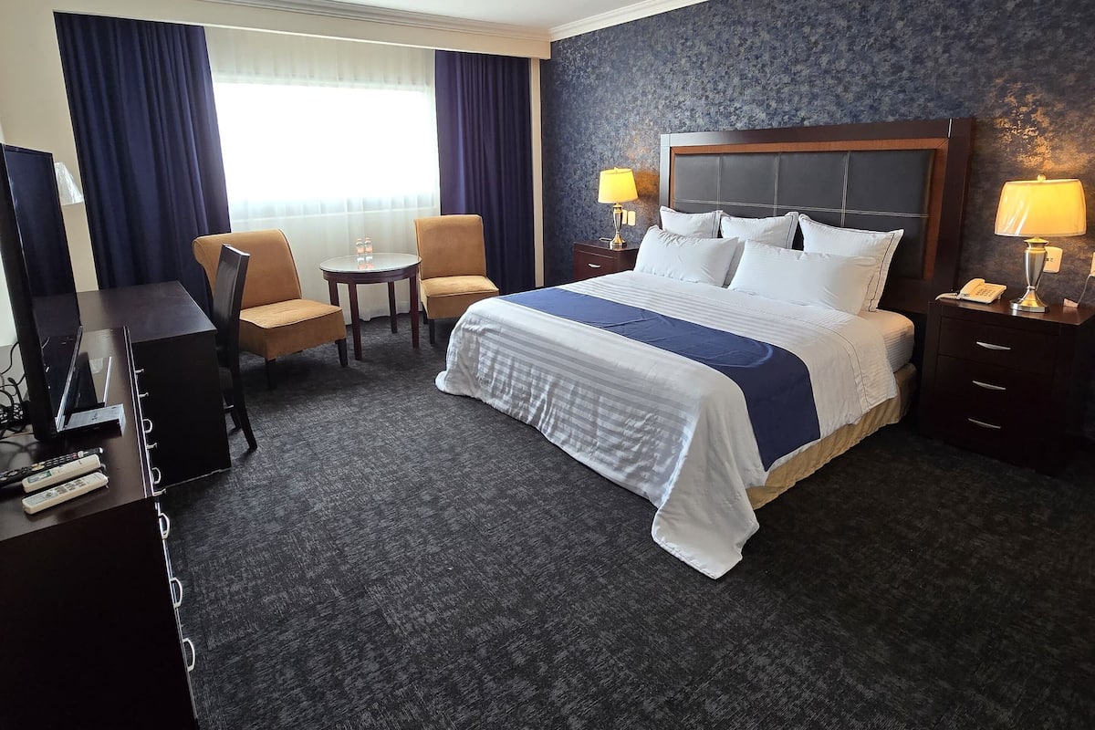 A hotel room with a large bed, a desk with a computer, a chair, and a TV.