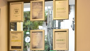 Premios y certificados enmarcados exhibidos en el vestíbulo de un hotel.