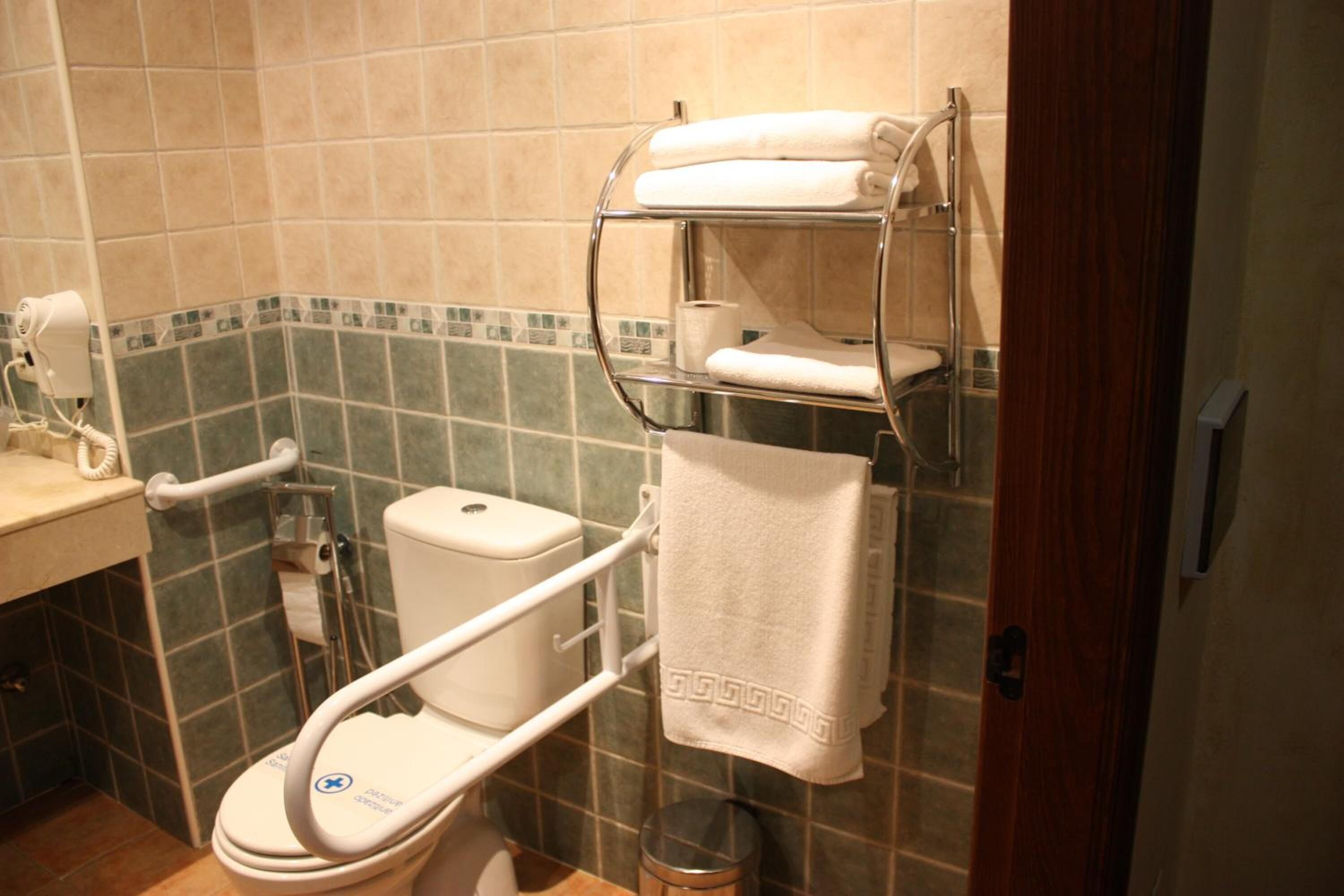 A bathroom with a toilet, a handrail, a towel rack, and a trash can.