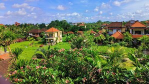 Un barrio residencial con casas, abundante vegetación y cielo despejado.