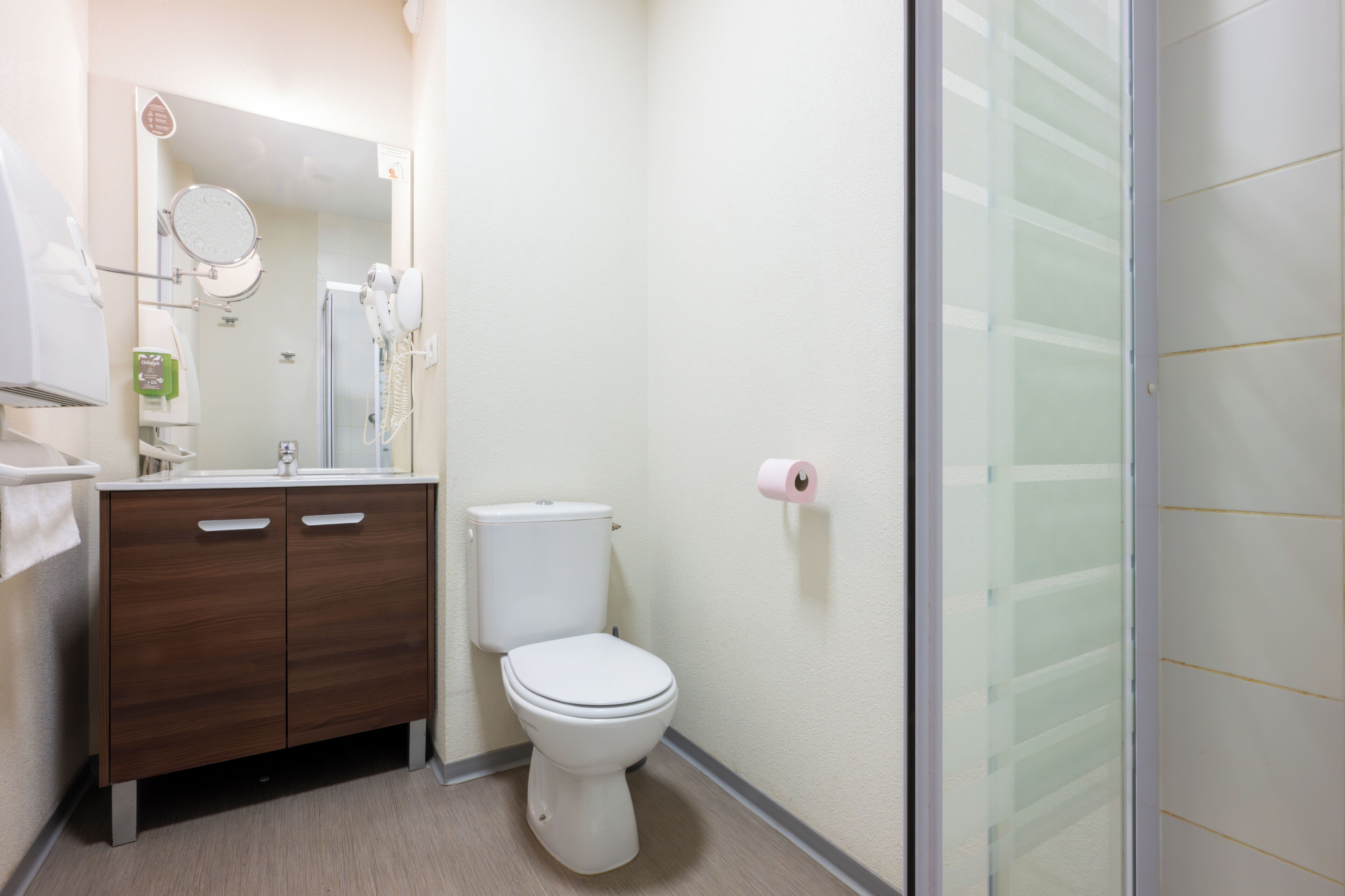 Een badkamer met toilet, wastafel, spiegel en douche.