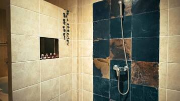 Separate tub and shower, free toiletries, hair dryer, bathrobes