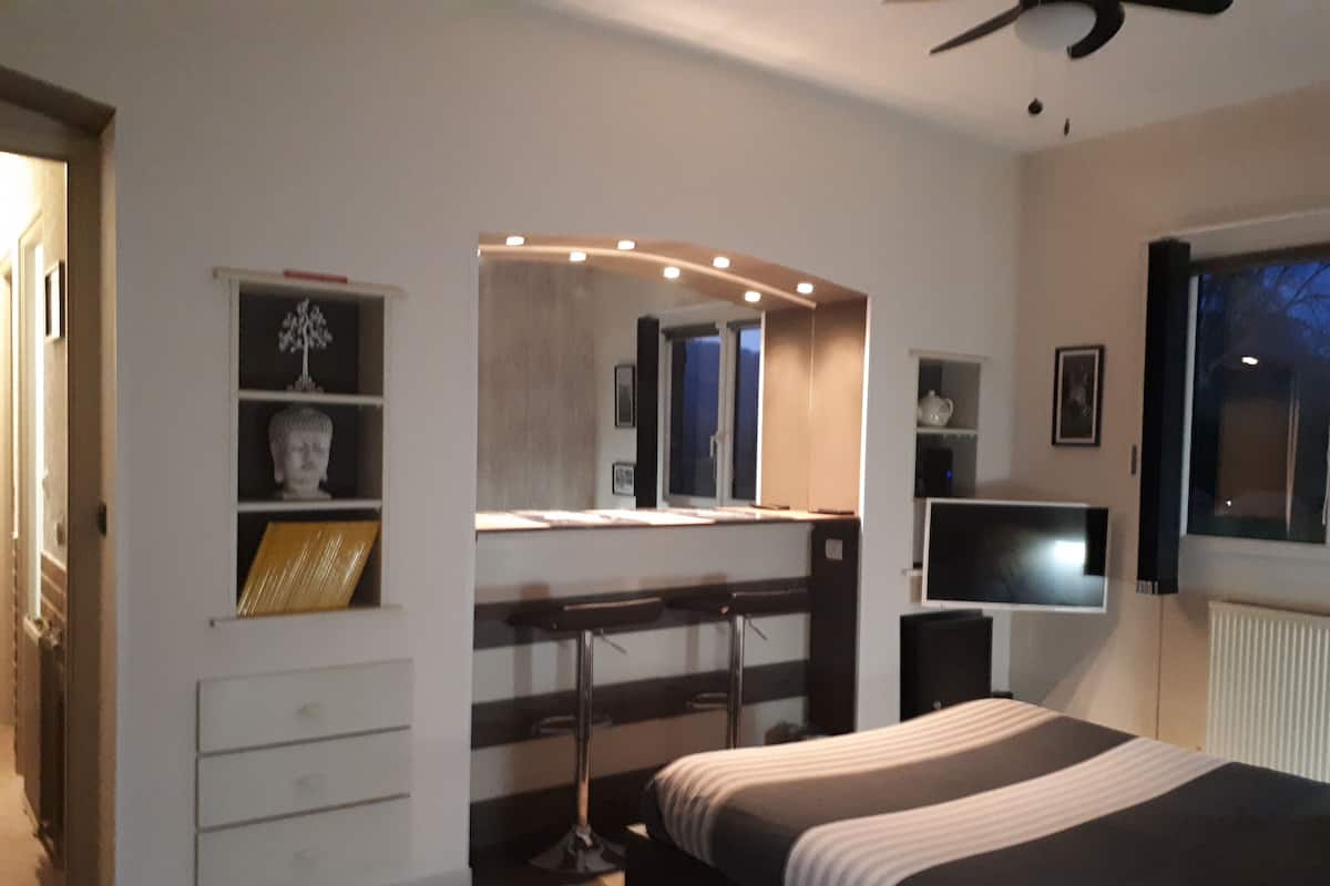 Un dormitorio con cama, escritorio, silla, televisión y espejo.