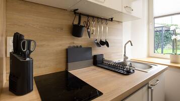 Une cuisine moderne dotée d’une plaque de cuisson à induction noire, d’un bloc à couteaux, de casseroles suspendues et d’une fenêtre donnant sur un paysage verdoyant.