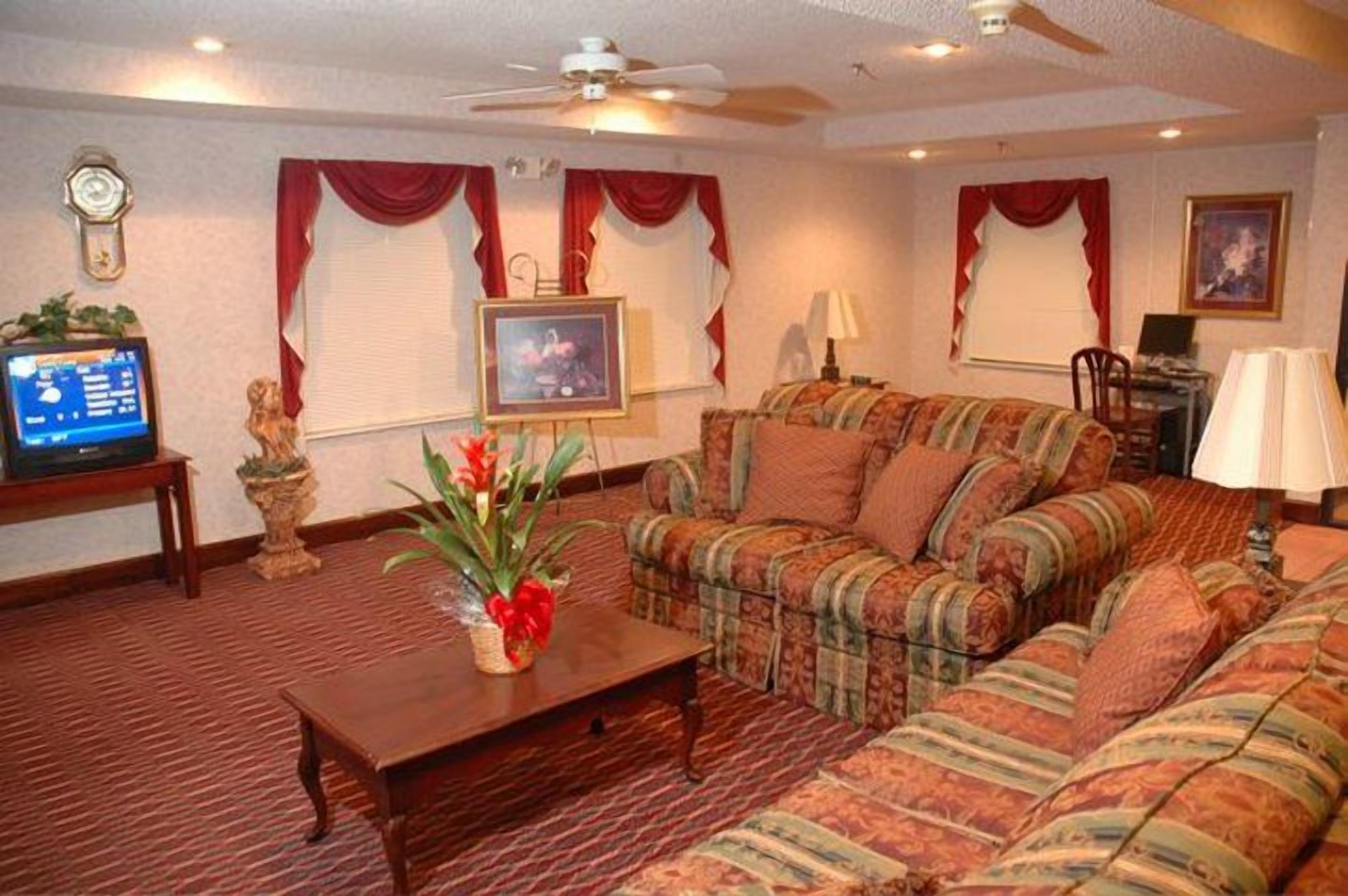 A living room with a sofa set, a coffee table, a television, and a decorative plant.