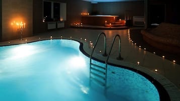 Indoor pool, outdoor pool, pool loungers