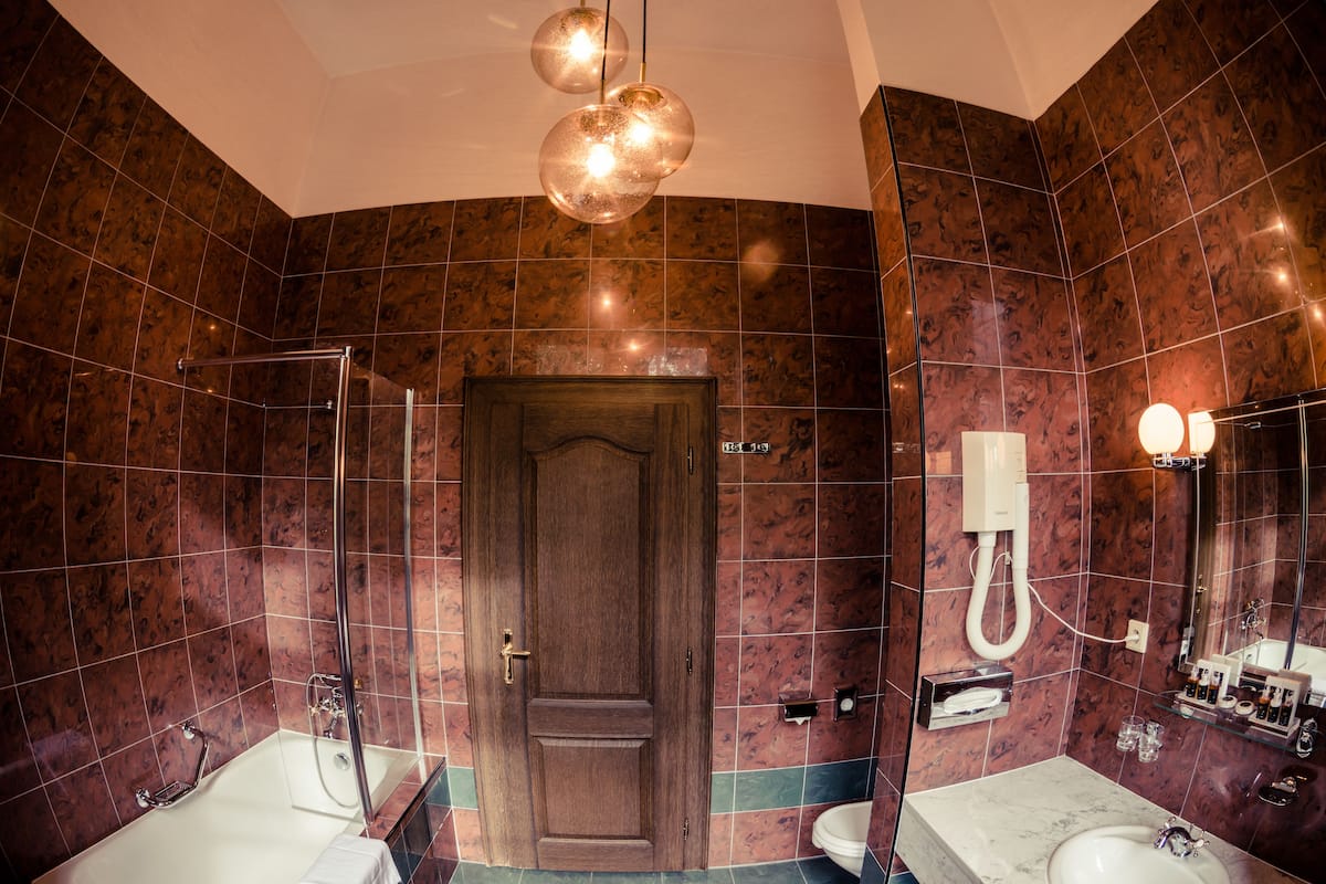 combined shower/bathtub, free toiletries, hair dryer, bathrobes